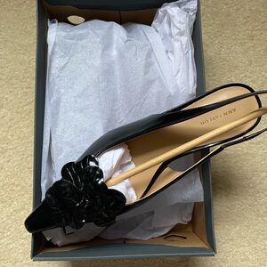 Ann Taylor Glossy Black Heels with Floral Accent
